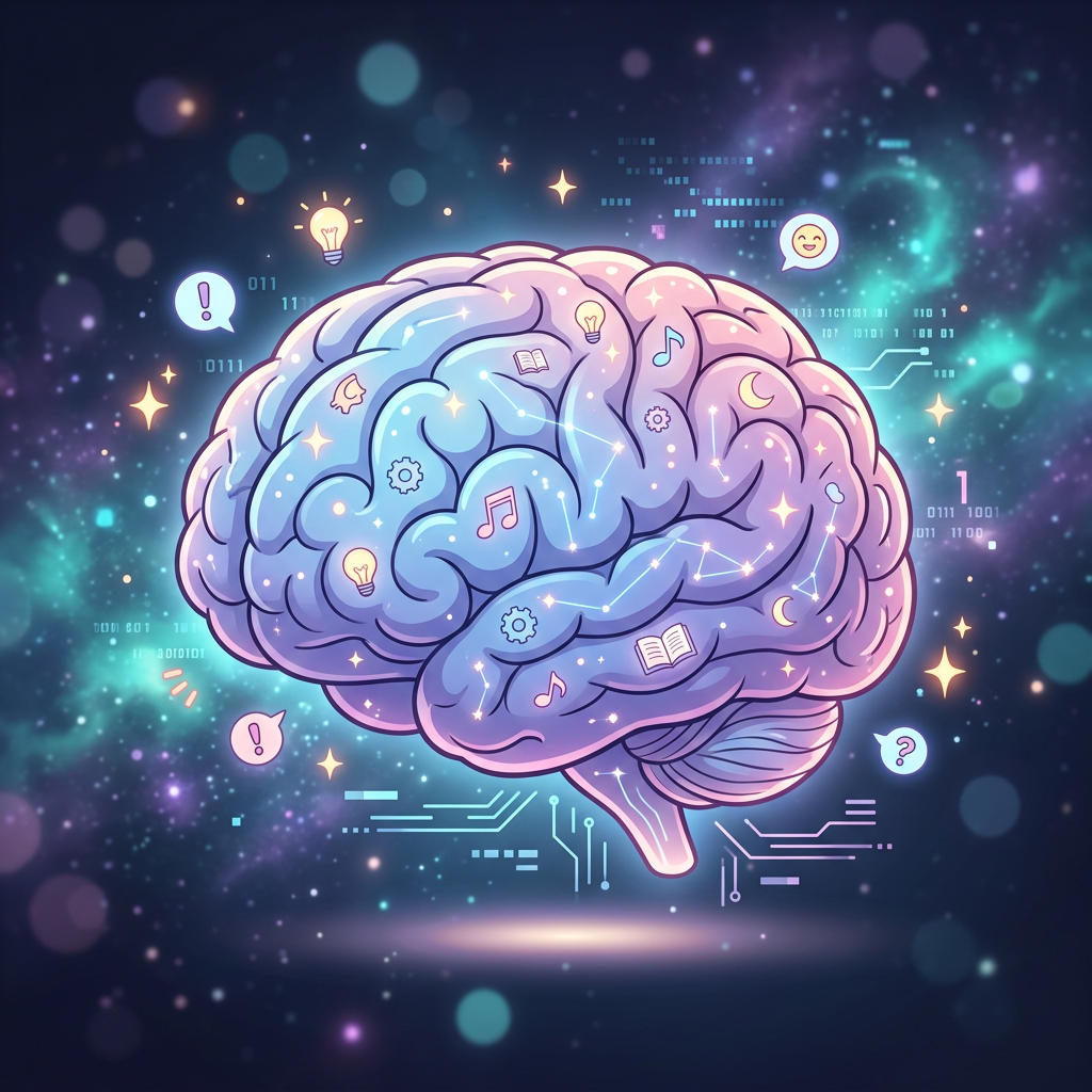 Illustrated brain with icons of light bulbs, music notes, gears, books, and emoticons surrounded by glowing stars and digital elements
